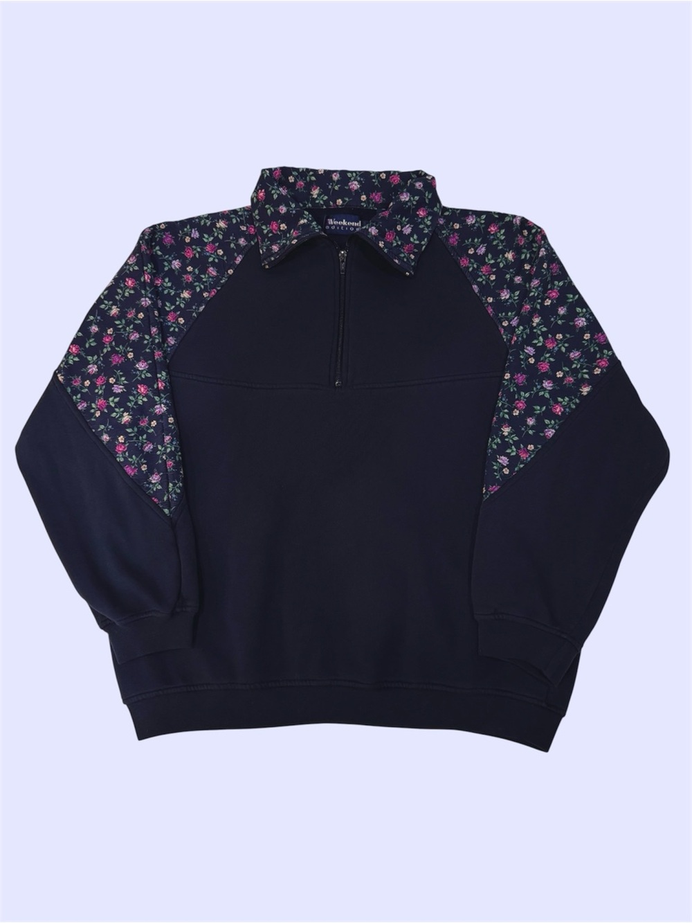 Vintage 90s Weekend Edition 1/4 Crewneck Cottagecore Floral Sweater Navy Large